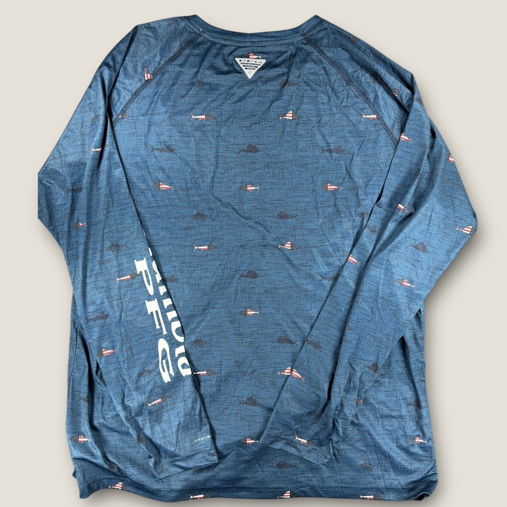 Columbia PFG Terminal Tackle Shirt Mens XL Blue American Flag Fish Long Sleeve - Picture 8 of 8